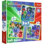 Set puzzle 3 in 1 Trefl Eroi in Pijama, Gata de actiune, 1x20 piese, 1x36 piese, 1x50 piese