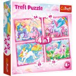 Set puzzle 4 in 1 Trefl Lumea magica a unicornilor, 1x35 piese, 1x48 piese, 1x54 piese, 1x70 piese