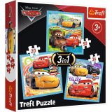 Set puzzle 3 in 1 Trefl Disney Cars, Pregatiri pentru cursa, 1x20 piese, 1x36 piese, 1x50 piese
