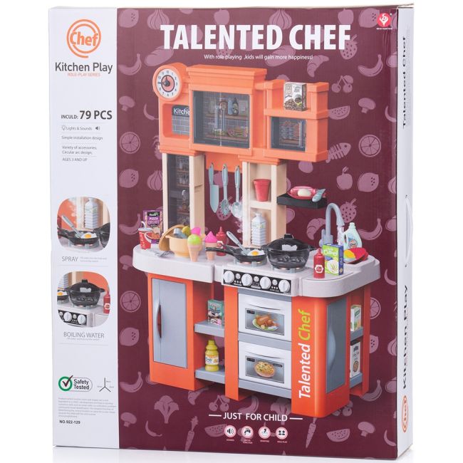 Set jucarie Chipolino Kitchen 84 cm cu sistem de curgere apa, lumini, sunete si 79 accesorii