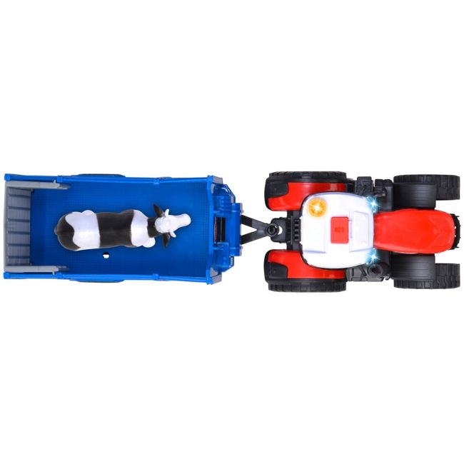 Tractor Dickie Toys Massey Ferguson Animal Trailer 26 cm cu lumini, sunete, remorca si figurina vaca