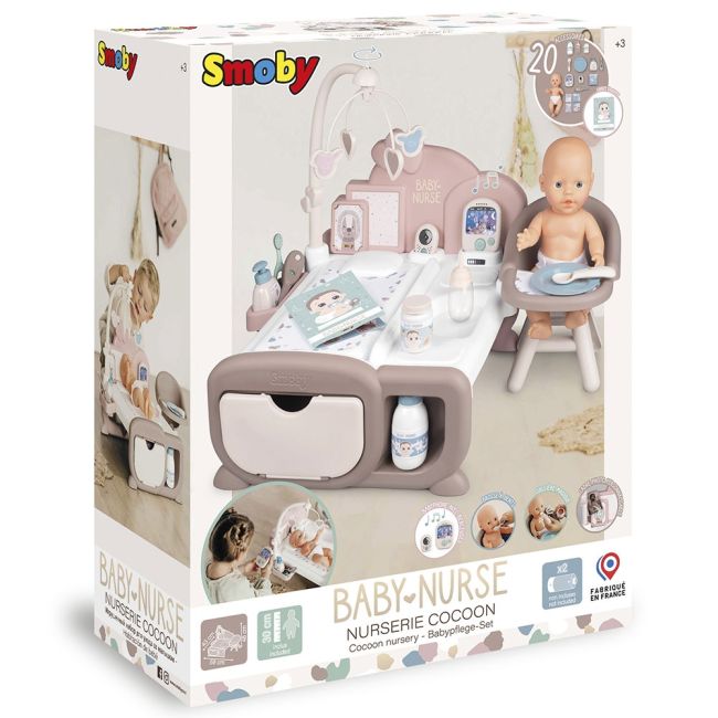 Centru de ingrijire pentru papusi Smoby Baby Nurse Cocoon Nursery maro cu papusa si accesorii