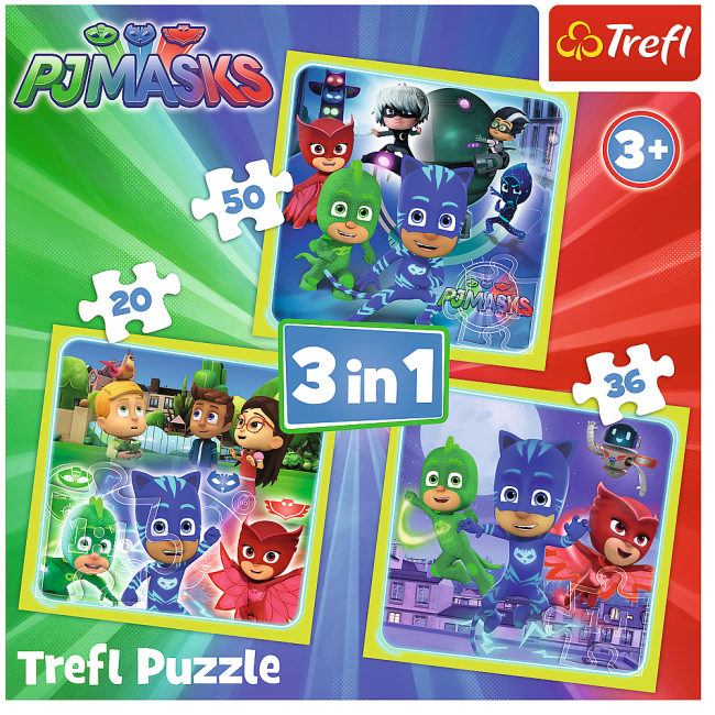 Set puzzle 3 in 1 Trefl Eroi in Pijama, Gata de actiune, 1x20 piese, 1x36 piese, 1x50 piese