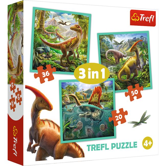 Set puzzle 3 in 1 Trefl Lumea extraordinara a dinozaurilor, 1x20 piese, 1x36 piese, 1x50 piese