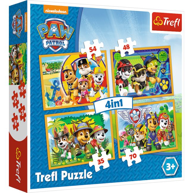 Set puzzle 4 in 1 Trefl Paw Patrol, Mereu punctual, 1x35 piese, 1x48 piese, 1x54 piese, 1x70 piese