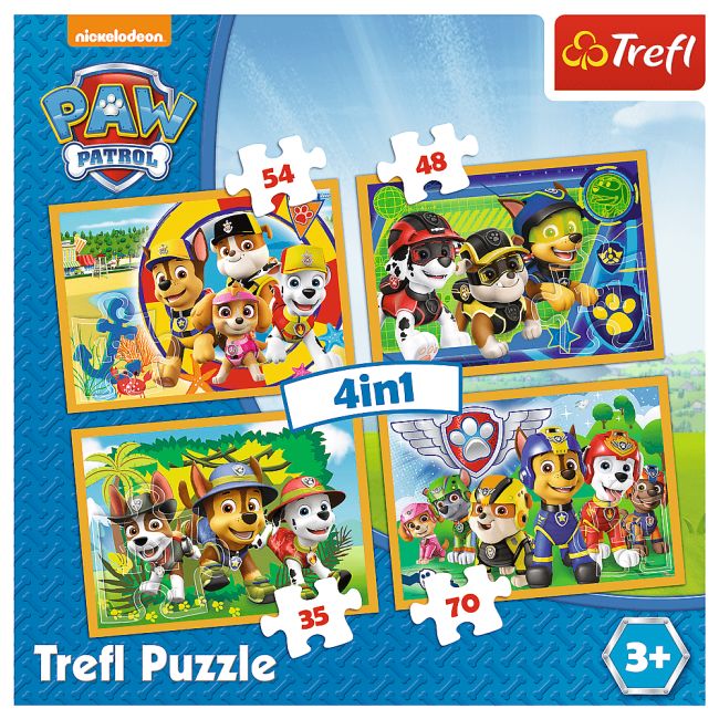 Set puzzle 4 in 1 Trefl Paw Patrol, Mereu punctual, 1x35 piese, 1x48 piese, 1x54 piese, 1x70 piese