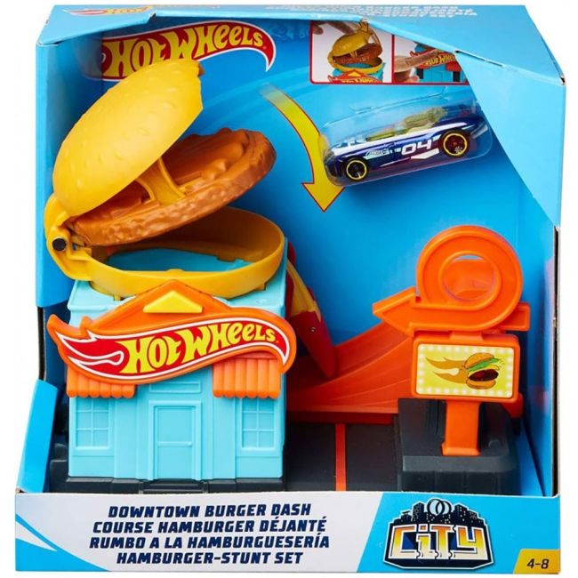 Pista de masini Hot Wheels by Mattel City Downtown Burger Dash cu masinuta