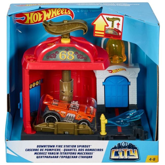 Pista de masini Hot Wheels by Mattel City Downtown Fire Station Spinout cu masinuta