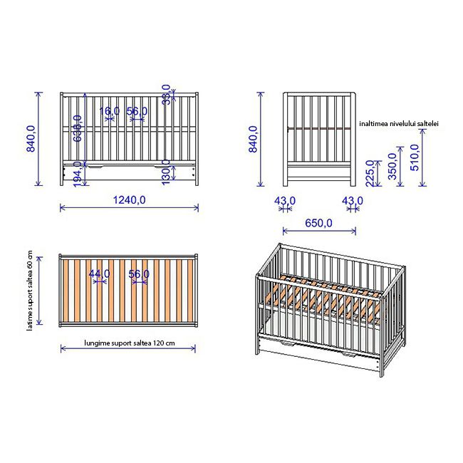 Patut copii din lemn Hubners Dominic 120x60 cm natur cu sertar