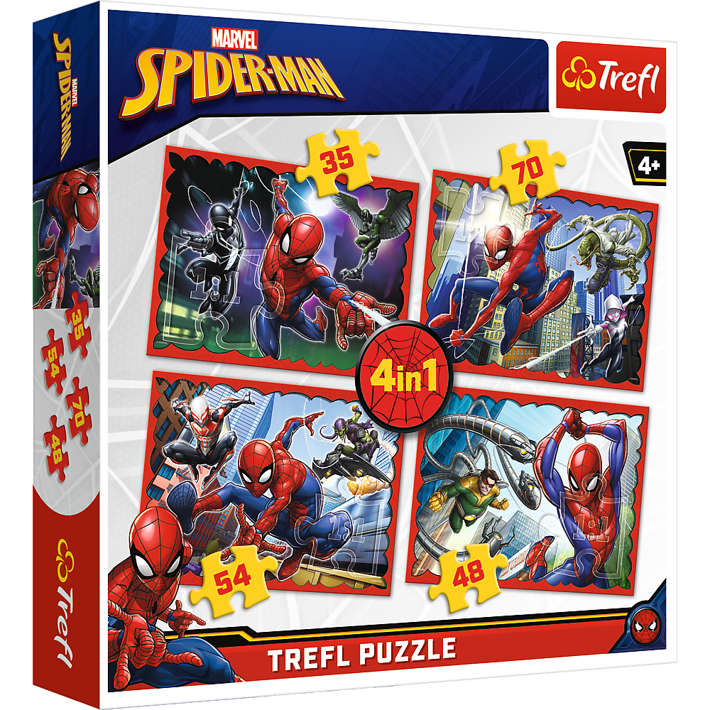 Set puzzle 4 in 1 Trefl Marvel Spider Man, Forta paianjenului, 1×35 piese, 1×48 piese, 1×54 piese, 1×70 piese hubners.ro