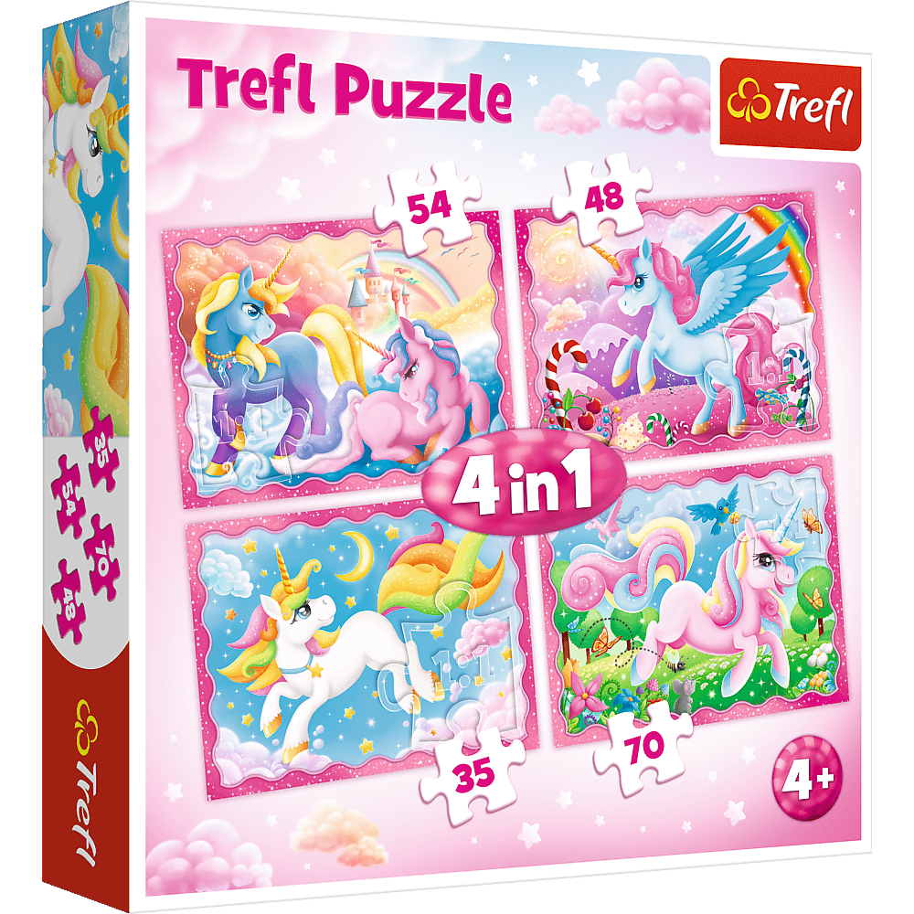 Set puzzle 4 in 1 Trefl Lumea magica a unicornilor, 1×35 piese, 1×48 piese, 1×54 piese, 1×70 piese hubners.ro