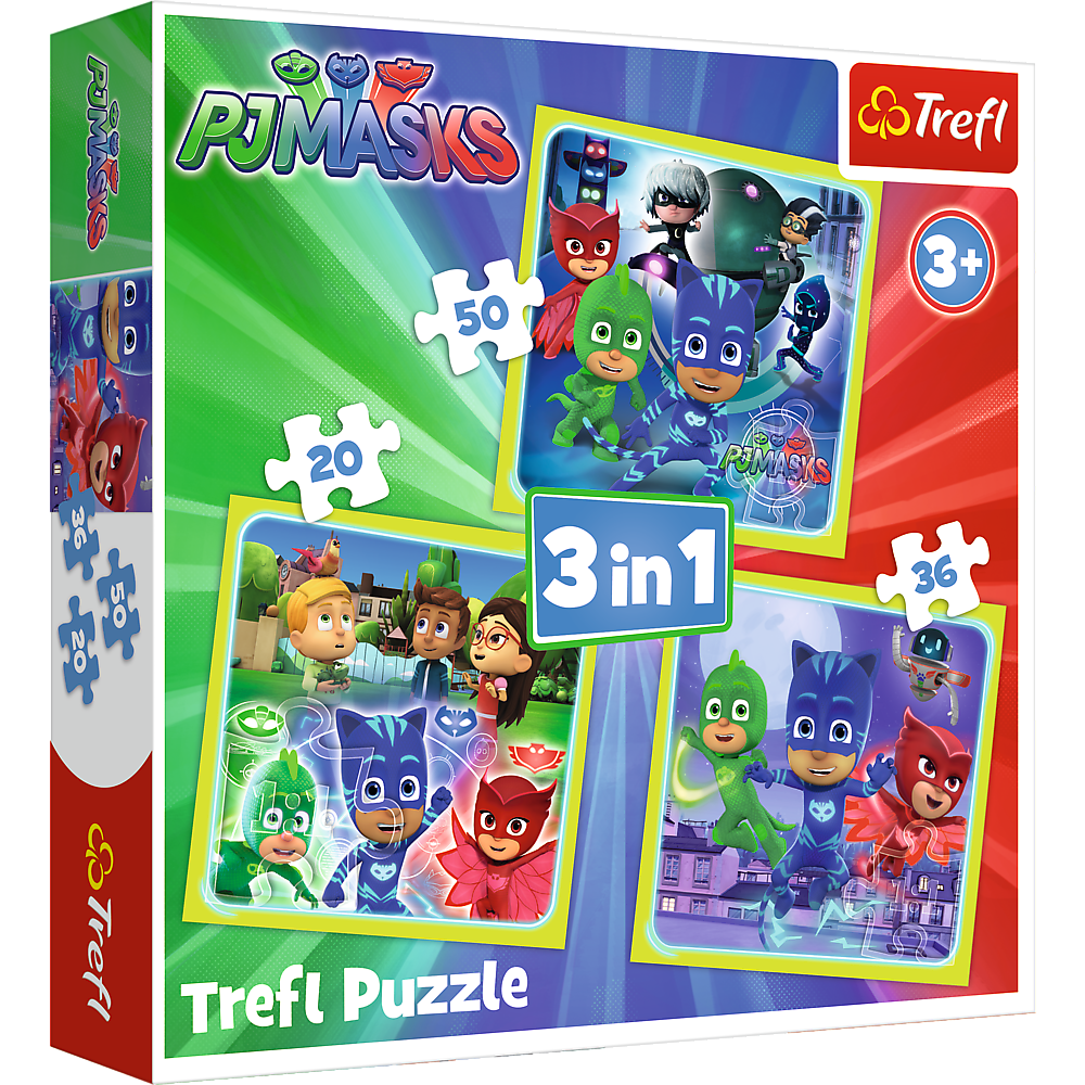 Set puzzle 3 in 1 Trefl Eroi in Pijama, Gata de actiune, 1×20 piese, 1×36 piese, 1×50 piese hubners.ro
