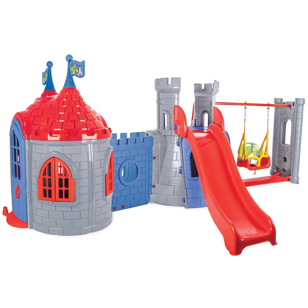 Casuta cu tobogan si leagan pentru copii Pilsan Castle with Slide and Swing grey Casute si corturi copii