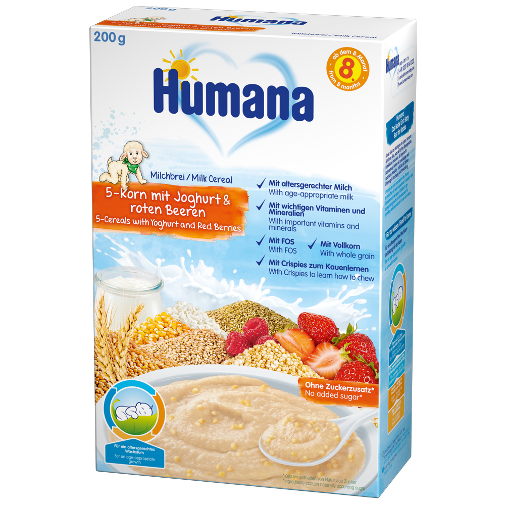 Cereale Humana cu 5 cereale, fructe si iaurt de la 8 luni 200 g hubners.ro