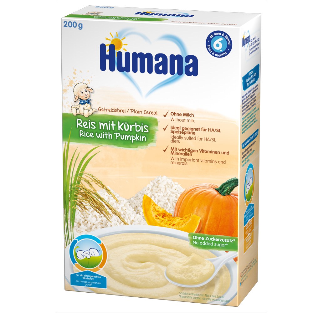 Cereale Humana fara lapte cu fulgi de orez si dovleac de la 6 luni 200 g hubners.ro