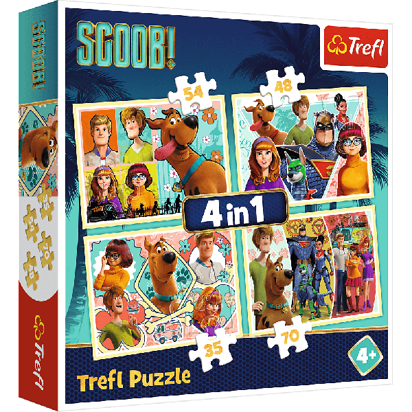 Set puzzle 4 in 1 Trefl Scooby Doo si prietenii, 1x35 piese, 1x48 piese, 1x54 piese, 1x70 piese