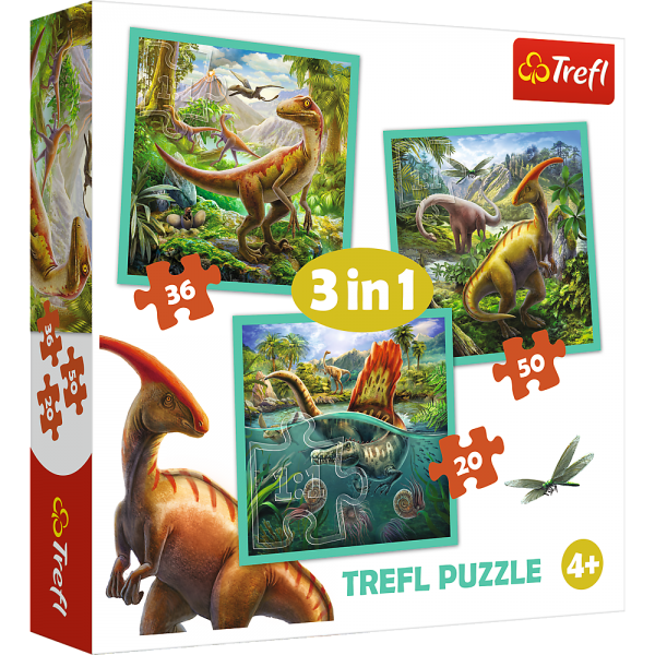 Set puzzle 3 in 1 Trefl Lumea extraordinara a dinozaurilor, 1x20 piese, 1x36 piese, 1x50 piese