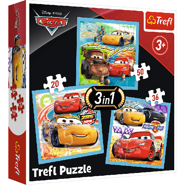 Set puzzle 3 in 1 Trefl Disney Cars, Pregatiri pentru cursa, 1x20 piese, 1x36 piese, 1x50 piese