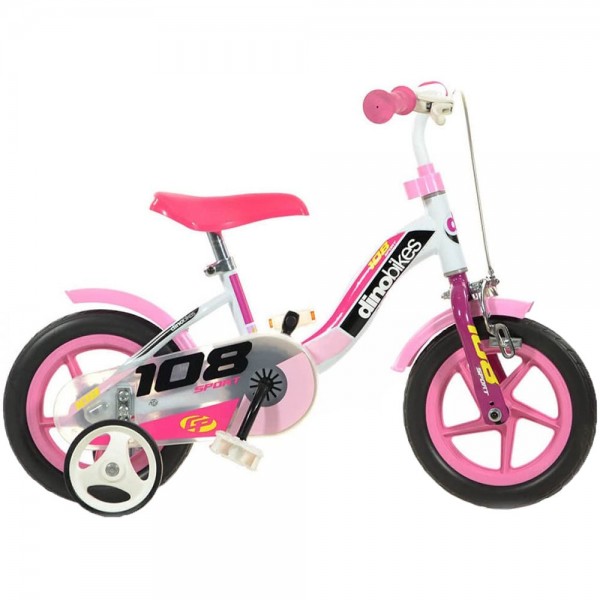 Bicicleta copii Dino Bikes 10" 108 Sport alb si roz cu frana