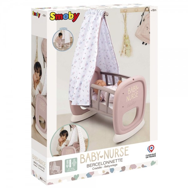 Leagan pentru papusa Smoby Baby Nurse Cradle maro cu baldachin