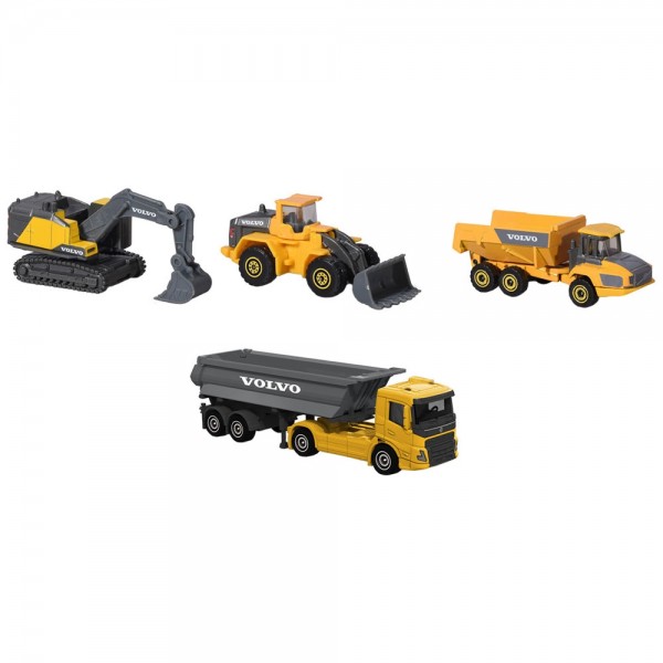 Set Majorette Volvo camion cu remorca, camion basculant, buldozer si excavator