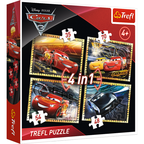 Set puzzle 4 in 1 Trefl Disney Cars, Gata de cursa 1x35 piese, 1x48 piese, 1x54 piese, 1x70 piese