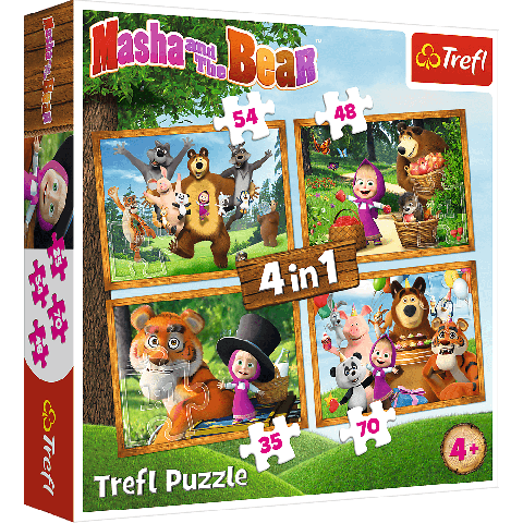 Set puzzle 4 in 1 Trefl Masha and the Bear, Aventurile lui Masha in padure, 1x35 piese, 1x48 piese, 1x54 piese, 1x70 piese