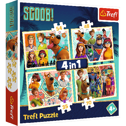 Set puzzle 4 in 1 Trefl Scooby Doo si prietenii, 1x35 piese, 1x48 piese, 1x54 piese, 1x70 piese