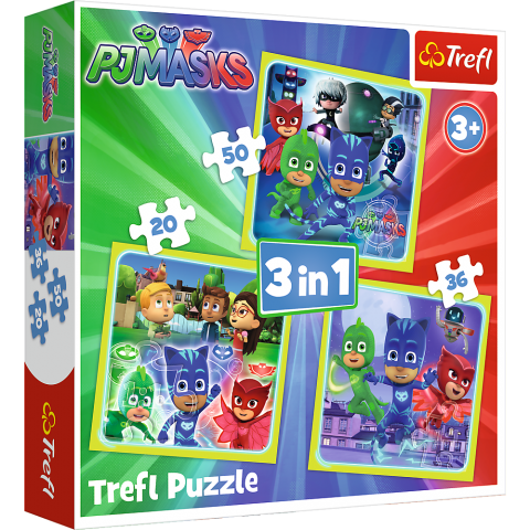 Set puzzle 3 in 1 Trefl Eroi in Pijama, Gata de actiune, 1x20 piese, 1x36 piese, 1x50 piese