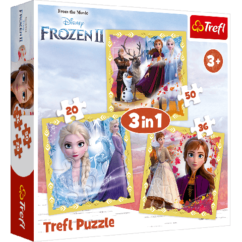 Set puzzle 3 in 1 Trefl Disney Frozen 2, Puternicele Ana si Elsa, 1x20 piese, 1x36 piese, 1x50 piese