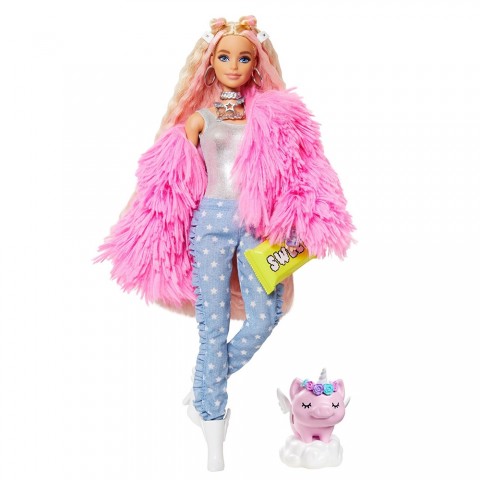 Papusa Barbie by Mattel Extra Style Fluffy Pinky GRN28 cu figurina si accesorii