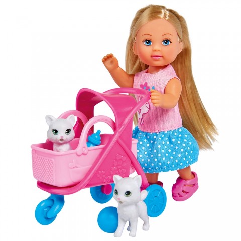 Papusa Simba Evi Love Cat Buggy 12 cm cu 2 figurine si accesorii