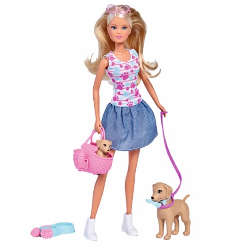 Papusa Simba Steffi Love Puppy Walk 29 cm cu 2 figurine si accesorii