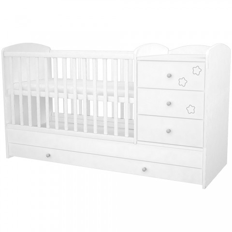 Patut copii transformabil din lemn cu 4 sertare Hubners Matei Kombi 120x60 cm alb cu stelute