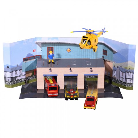 Pista de masini Dickie Toys Fireman Sam Rescue Team Sam Fire cu 3 masinute, 1 elicopter si o figurina