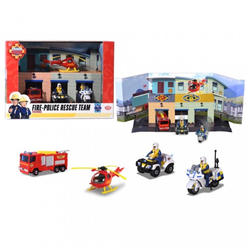 Pista de masini Dickie Toys Fireman Sam, Sam Fire Rescue Team cu 3 masinute, 1 elicopter si 2 figurine