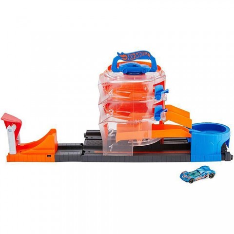 Pista de masini Hot Wheels by Mattel City Spin Dealership cu 1 masinuta