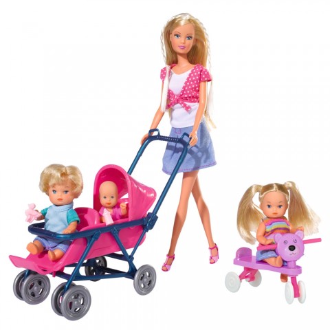 Papusa Simba Steffi Love 29 cm Baby World in bluza cu buline, cu 2 copii, 1 bebelus si accesorii