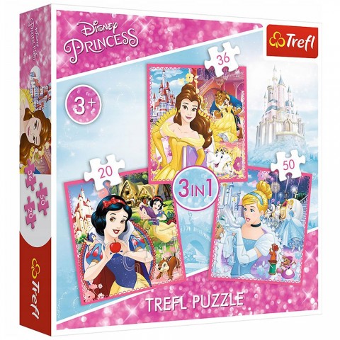 Set puzzle 3 in 1 Trefl Disney Princess, Lumea fermecata a printeselor, 1x20 piese, 1x36 piese, 1x50 piese