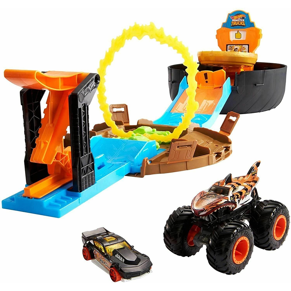 Pista de masini hot wheels by mattel monster truck stunt tire cu 2 masinute
