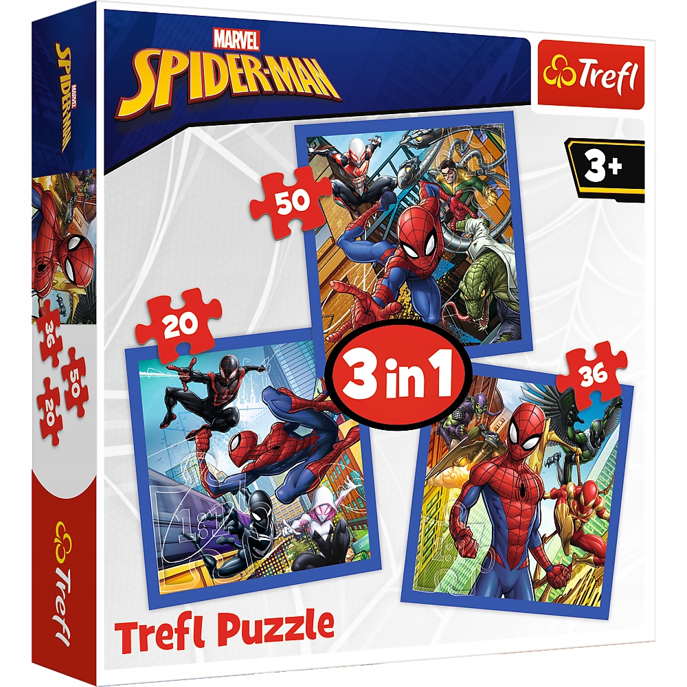 Set puzzle 3 in 1 Trefl Marvel Spider Man, Forta paianjenului, 1×20 piese, 1×36 piese, 1×50 piese hubners.ro