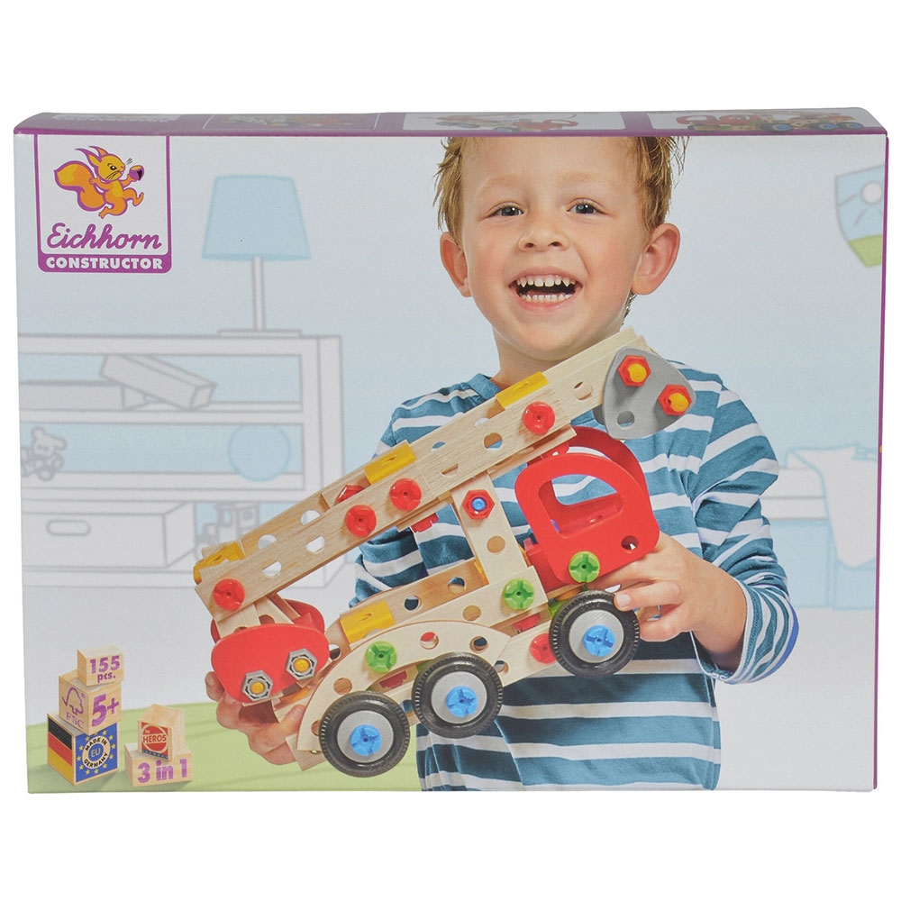 Set constructie din lemn Eichhorn Fire Truck 3 in 1, 155 piese 155