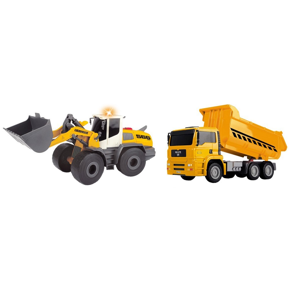 Set Dickie Toys Construction Twin Pack camion basculant MAN si buldozer Liebherr L566 Xpower Basculant