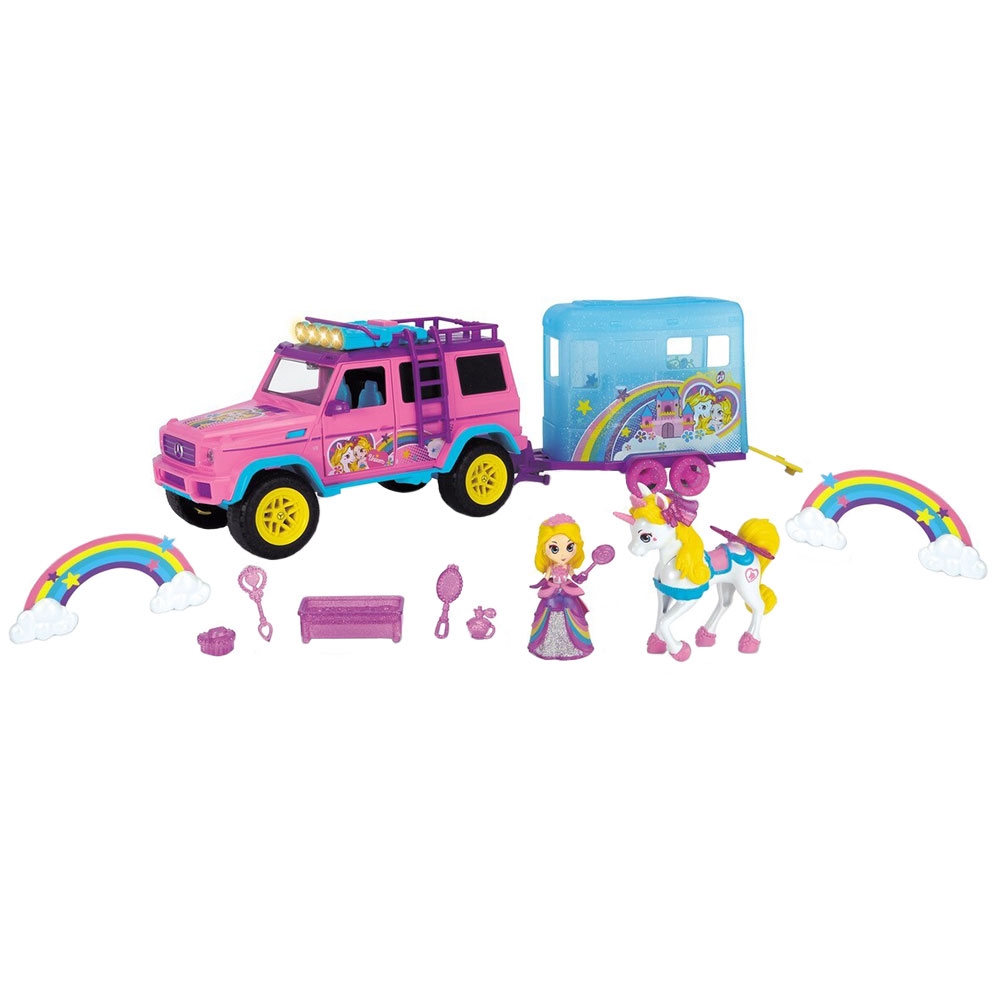 Set Dickie Toys Unicorn Trailer masina Mercedes-Benz AMG 500 cu remorca, figurine si accesorii 500