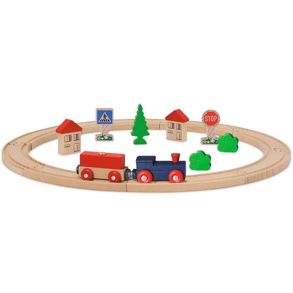 Set din lemn Eichhorn Tren albastru cu sina circulara si accesorii Accesorii