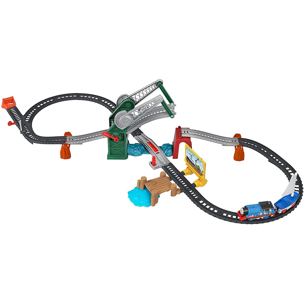 Set Fisher Price by Mattel Thomas and Friends Bridge Lift Thomas and Skiff cu sina, locomotiva motorizata si vagon