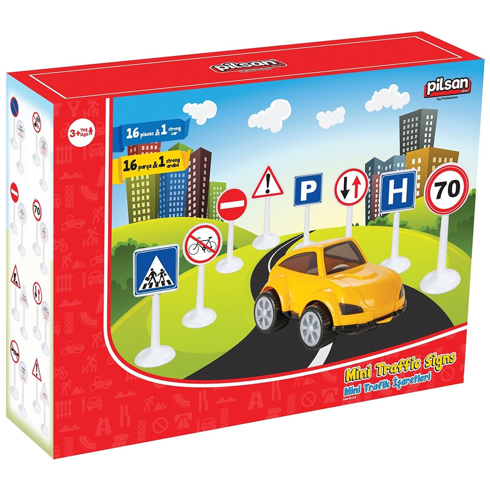 Set Pilsan Jucarie indicatoare rutiere Mini Traffic Signs cu masinuta