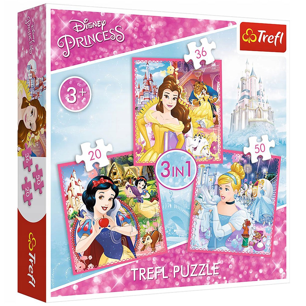 Set puzzle 3 in 1 Trefl Disney Princess, Lumea fermecata a printeselor, 1×20 piese, 1×36 piese, 1×50 piese hubners.ro