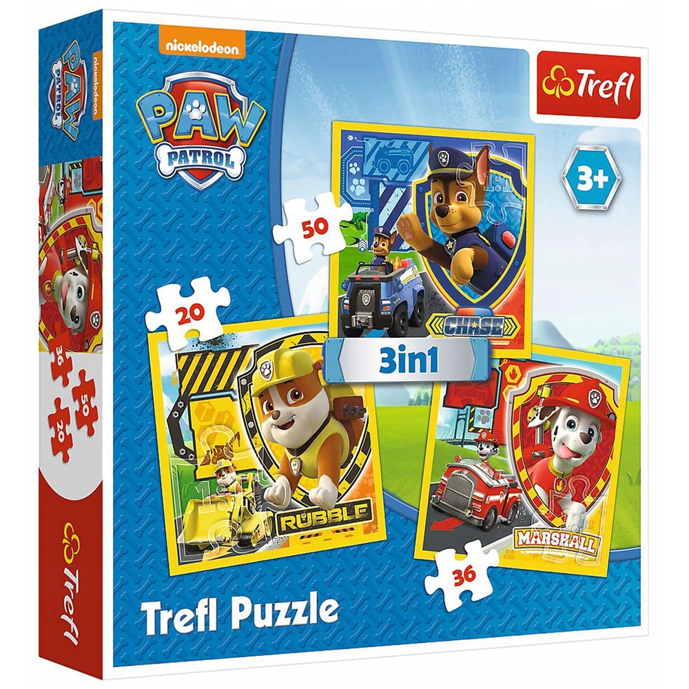 Set puzzle 3 in 1 Trefl Paw Patrol, Marshall Rubble si Chase, 1×20 piese, 1×36 piese, 1×50 piese hubners.ro