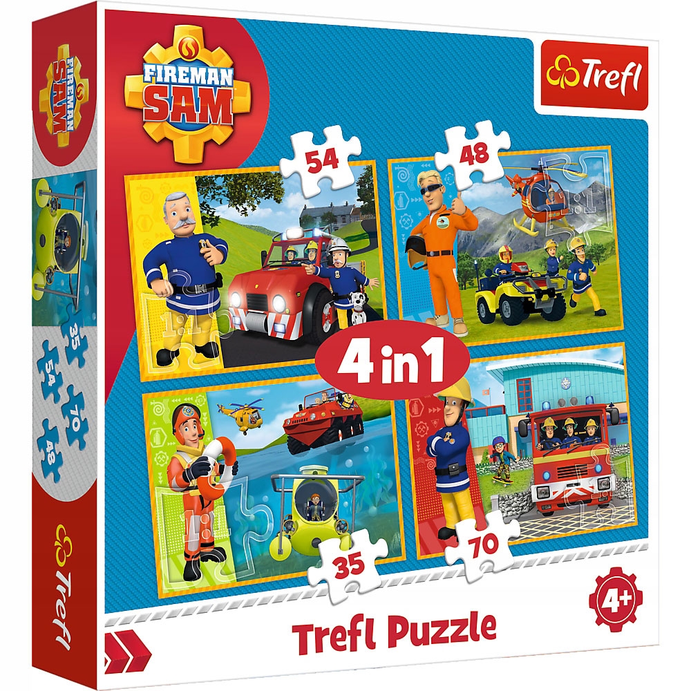 Set puzzle 4 in 1 Trefl Fireman Sam, Pompierul Sam in ajutor, 1×35 piese, 1×48 piese, 1×54 piese, 1×70 piese hubners.ro